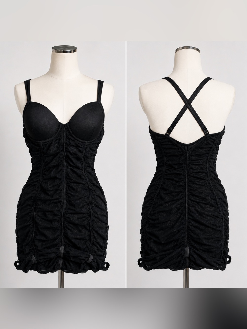 Black Ruched Crossback Mini Dress